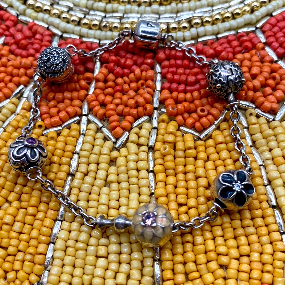 Vintage Authentic Pandora five station bracelet with floral motif clip beads!